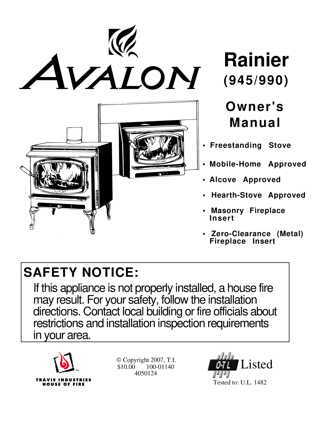 Avalon Stoves Rainier owner manual 