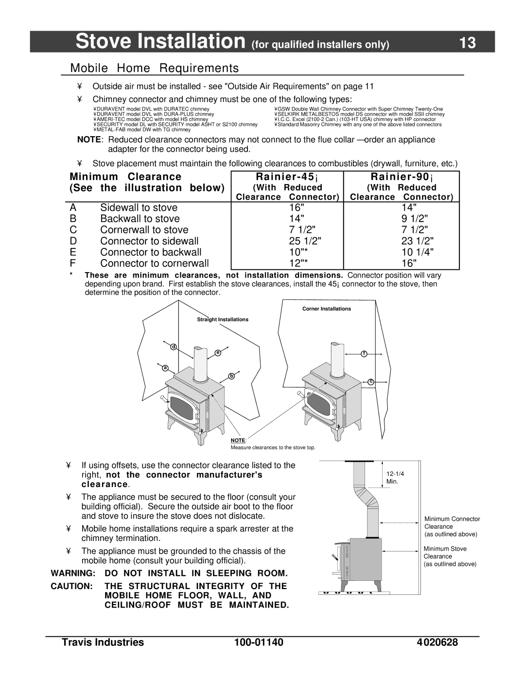 Avalon Stoves owner manual Mobile Home Requirements, Minimum Clearance Rainier See Illustration below 