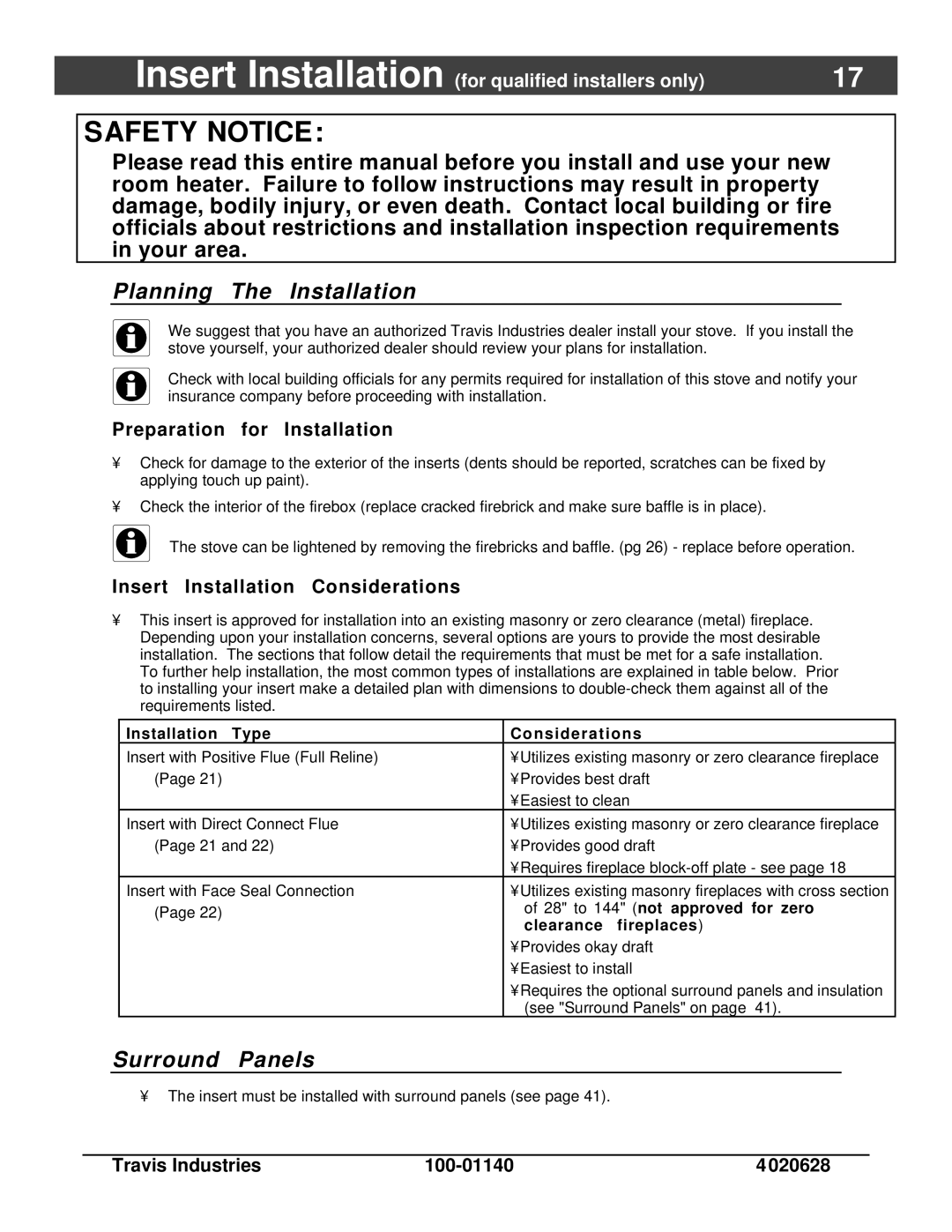 Avalon Stoves Rainier owner manual Surround Panels, Insert Installation Considerations, 28 to 144 not approved for zero 