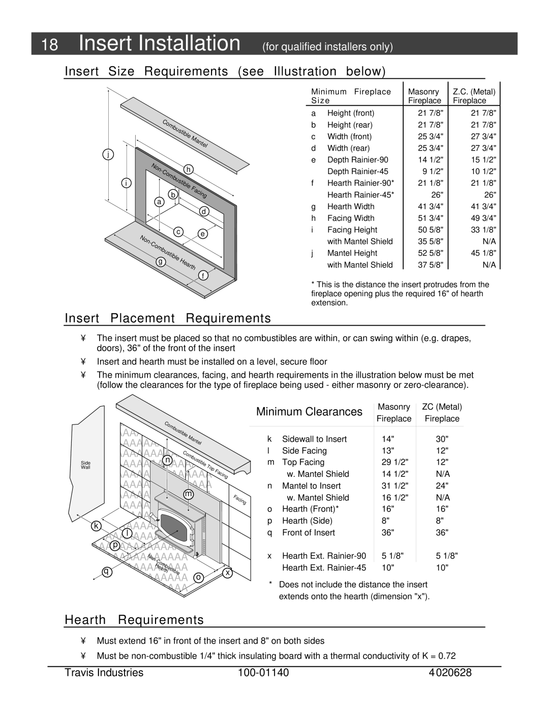 Avalon Stoves Rainier Insert Size Requirements see Illustration below, Insert Placement Requirements, Hearth Requirements 