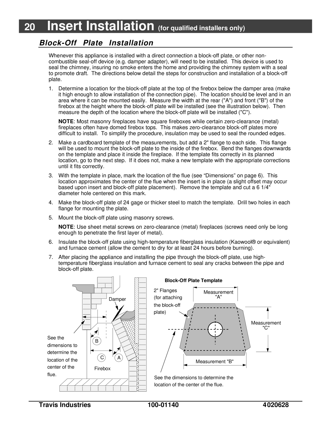 Avalon Stoves Rainier owner manual Block-Off Plate Installation, Block-Off Plate Template 