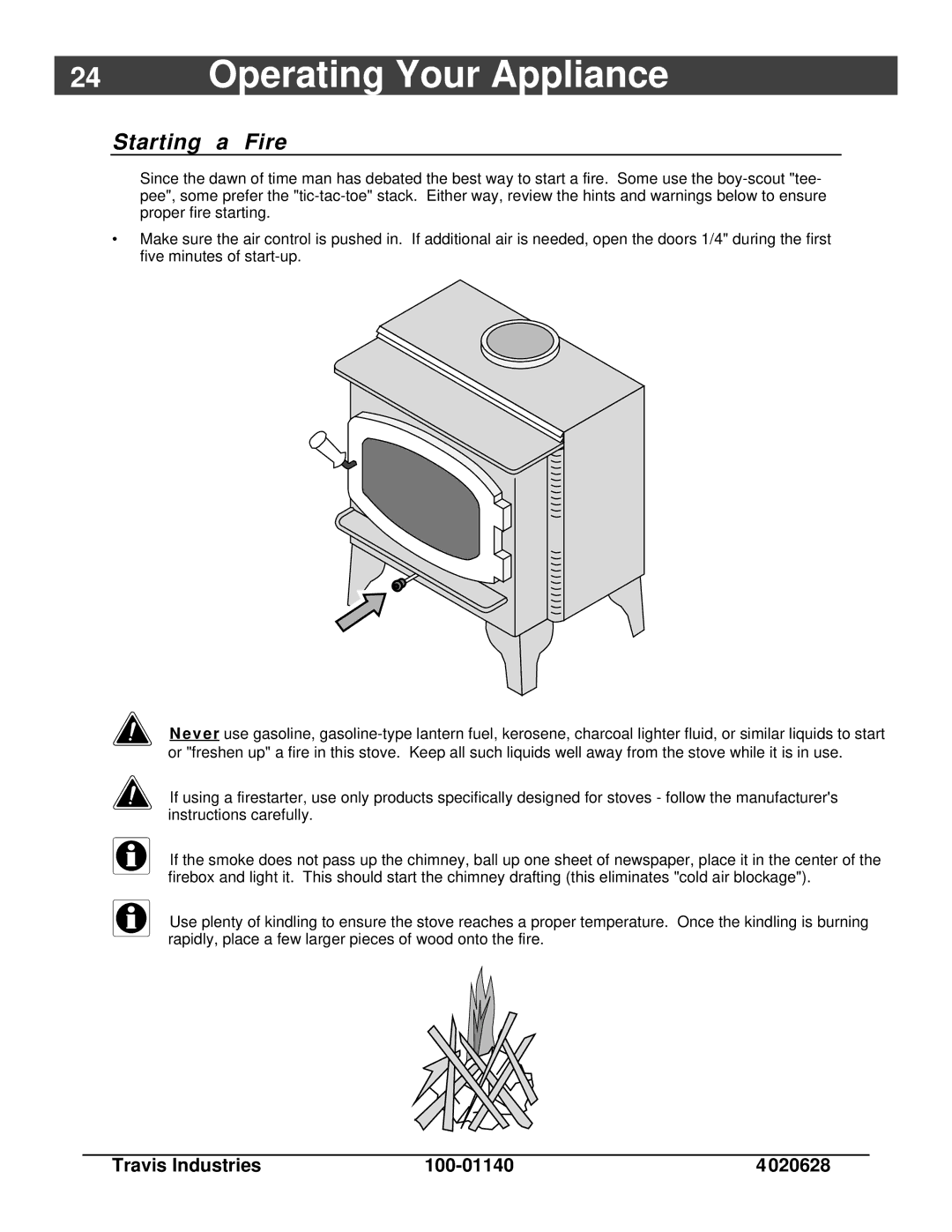 Avalon Stoves Rainier owner manual Starting a Fire 