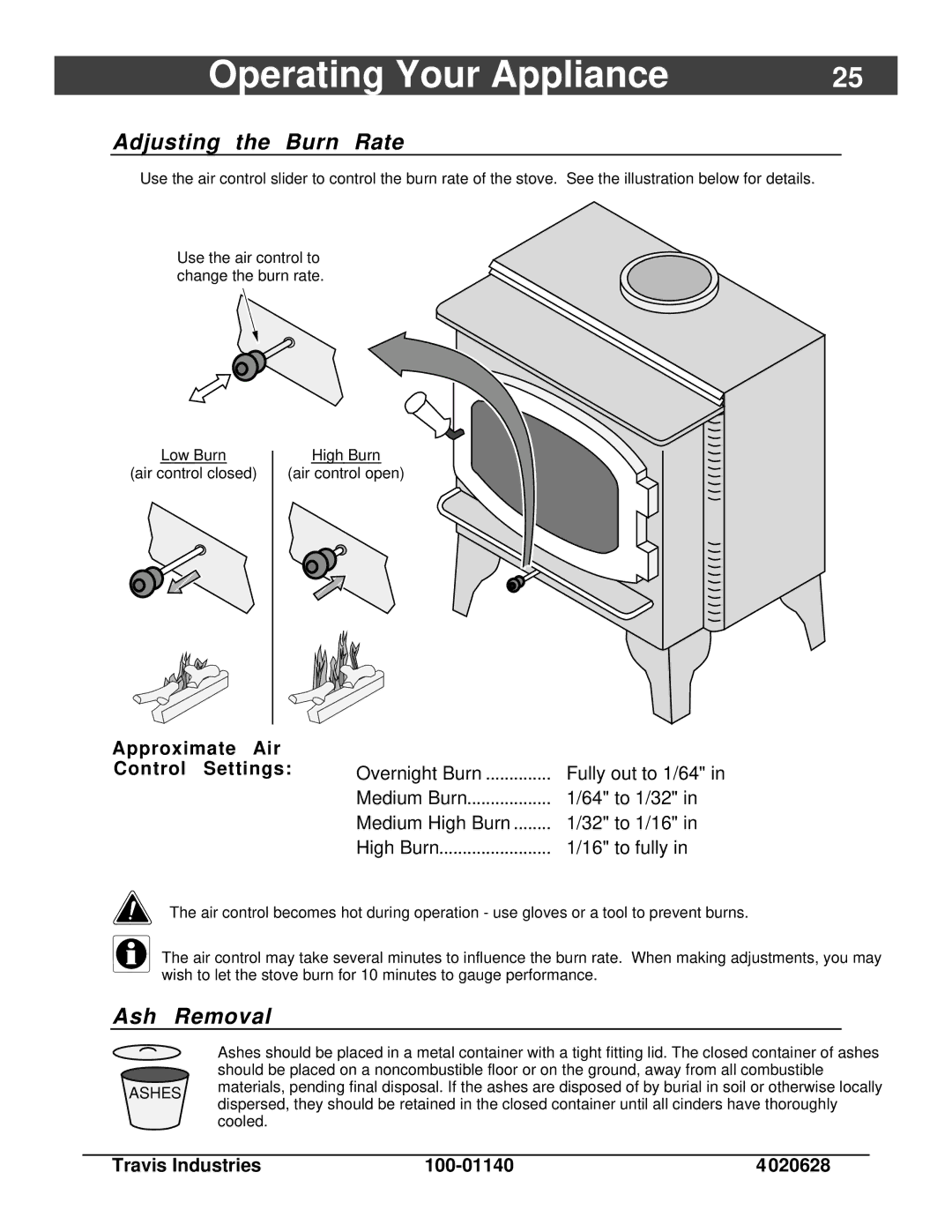 Avalon Stoves Rainier owner manual Adjusting the Burn Rate, Ash Removal, Approximate Air Control Settings 