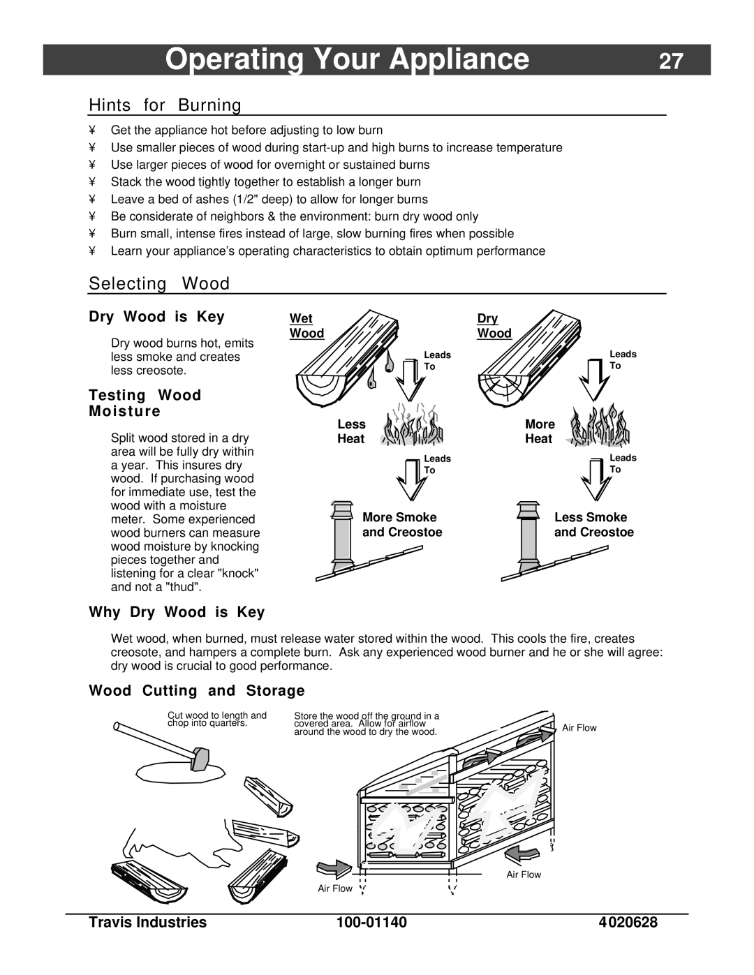 Avalon Stoves Rainier owner manual Hints for Burning, Selecting Wood 