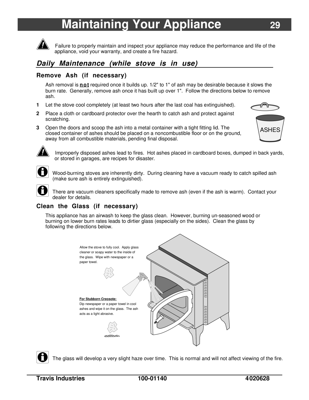 Avalon Stoves Rainier Maintaining Your Appliance, Daily Maintenance while stove is in use, Remove Ash if necessary 