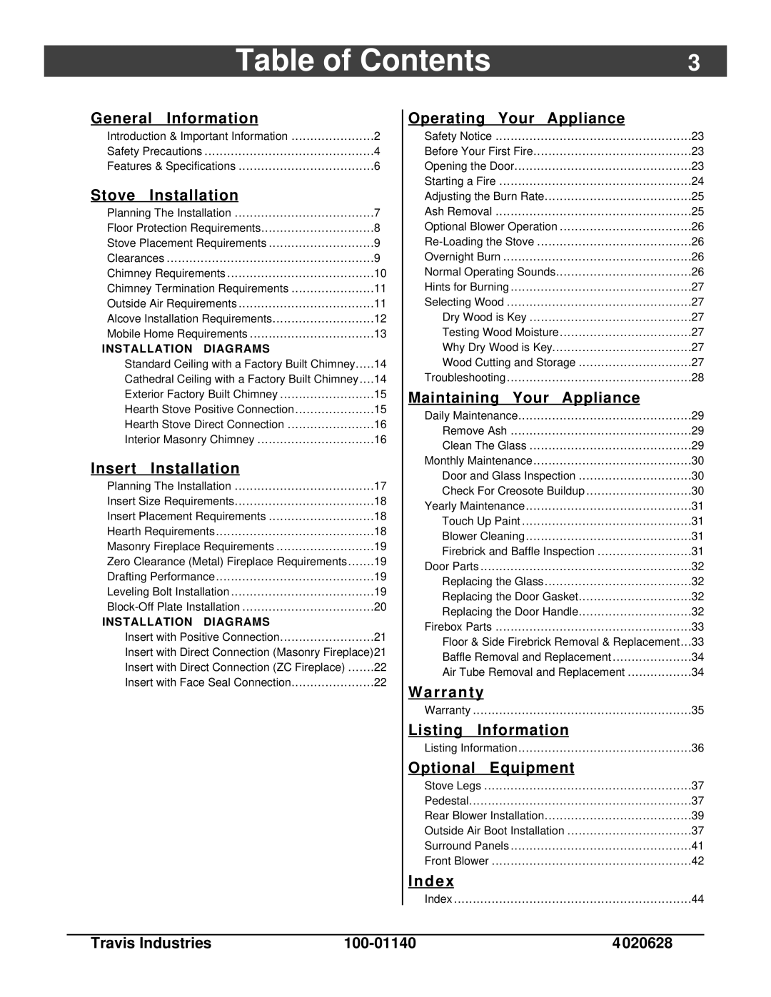 Avalon Stoves Rainier owner manual Table of Contents 