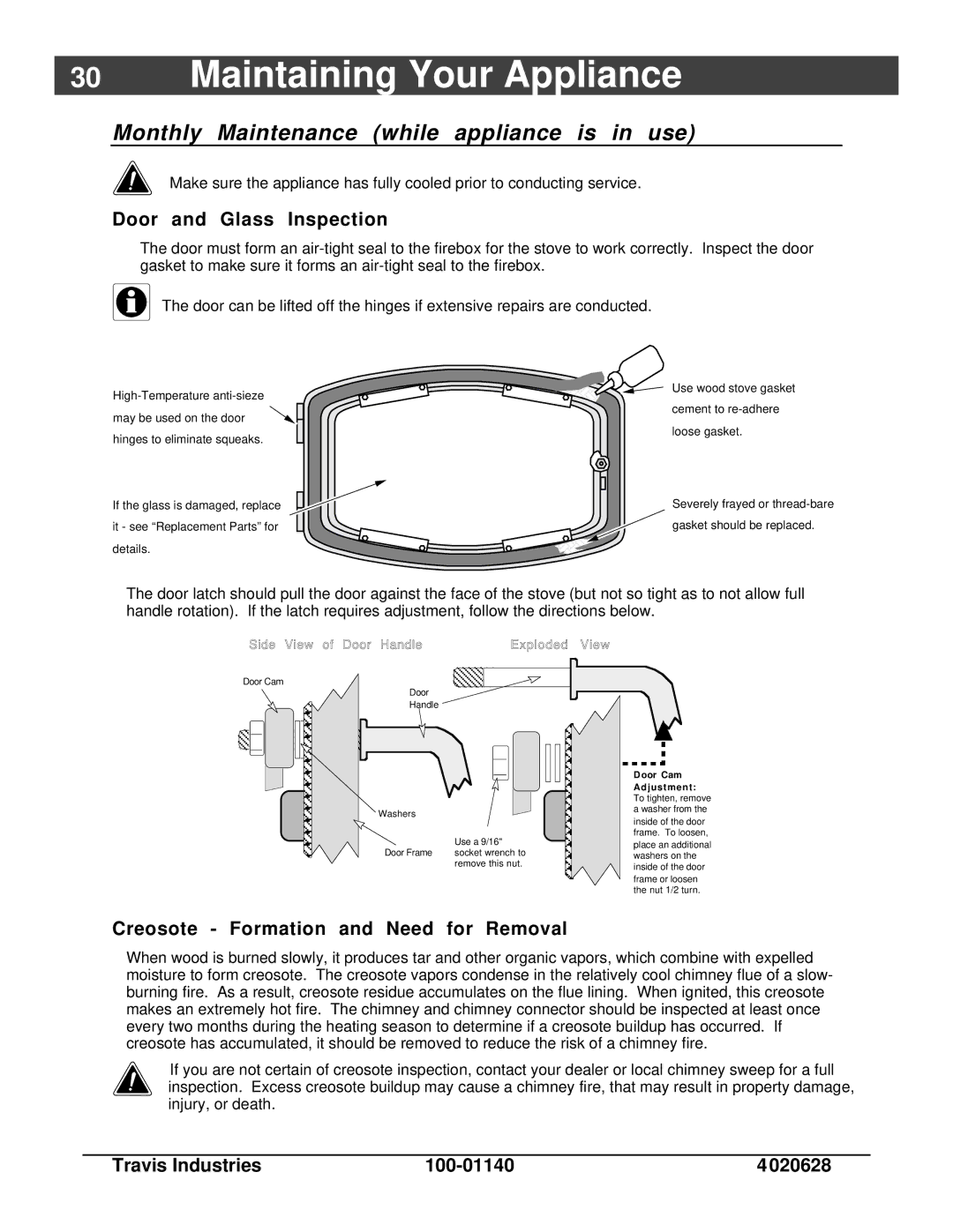 Avalon Stoves Rainier owner manual Monthly Maintenance while appliance is in use, Door and Glass Inspection 