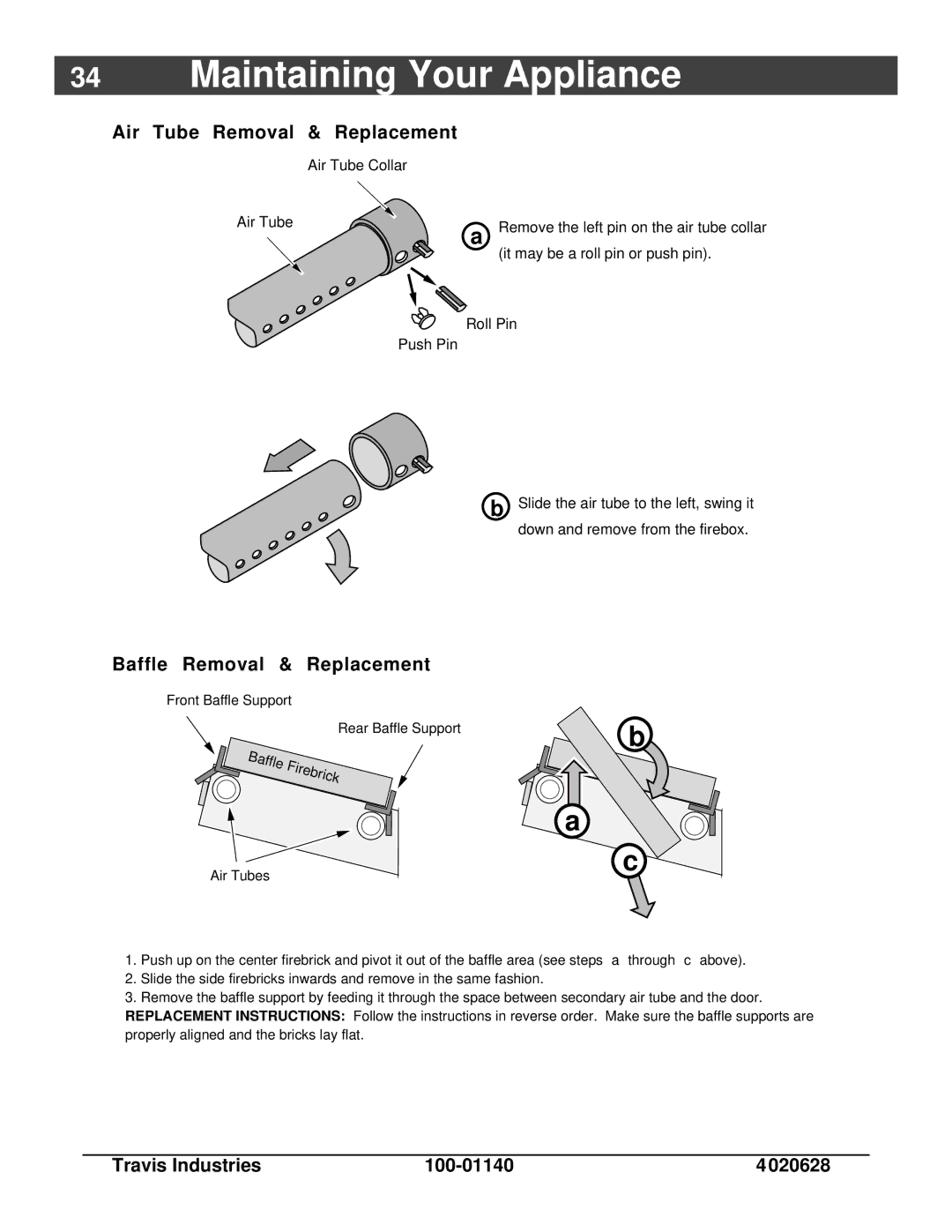 Avalon Stoves Rainier owner manual Air Tube Removal & Replacement, Baffle Removal & Replacement 