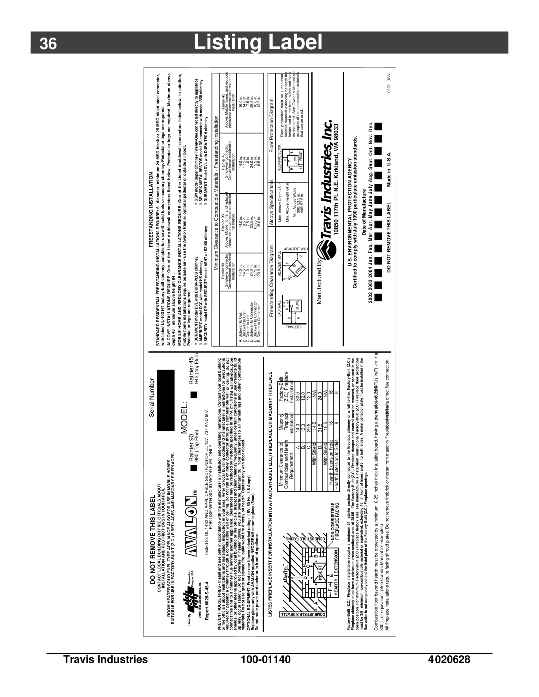 Avalon Stoves Rainier owner manual Listing Label, Freestanding Installation 