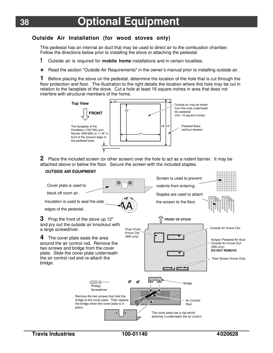 Avalon Stoves Rainier owner manual Outside Air Installation for wood stoves only, Top View 