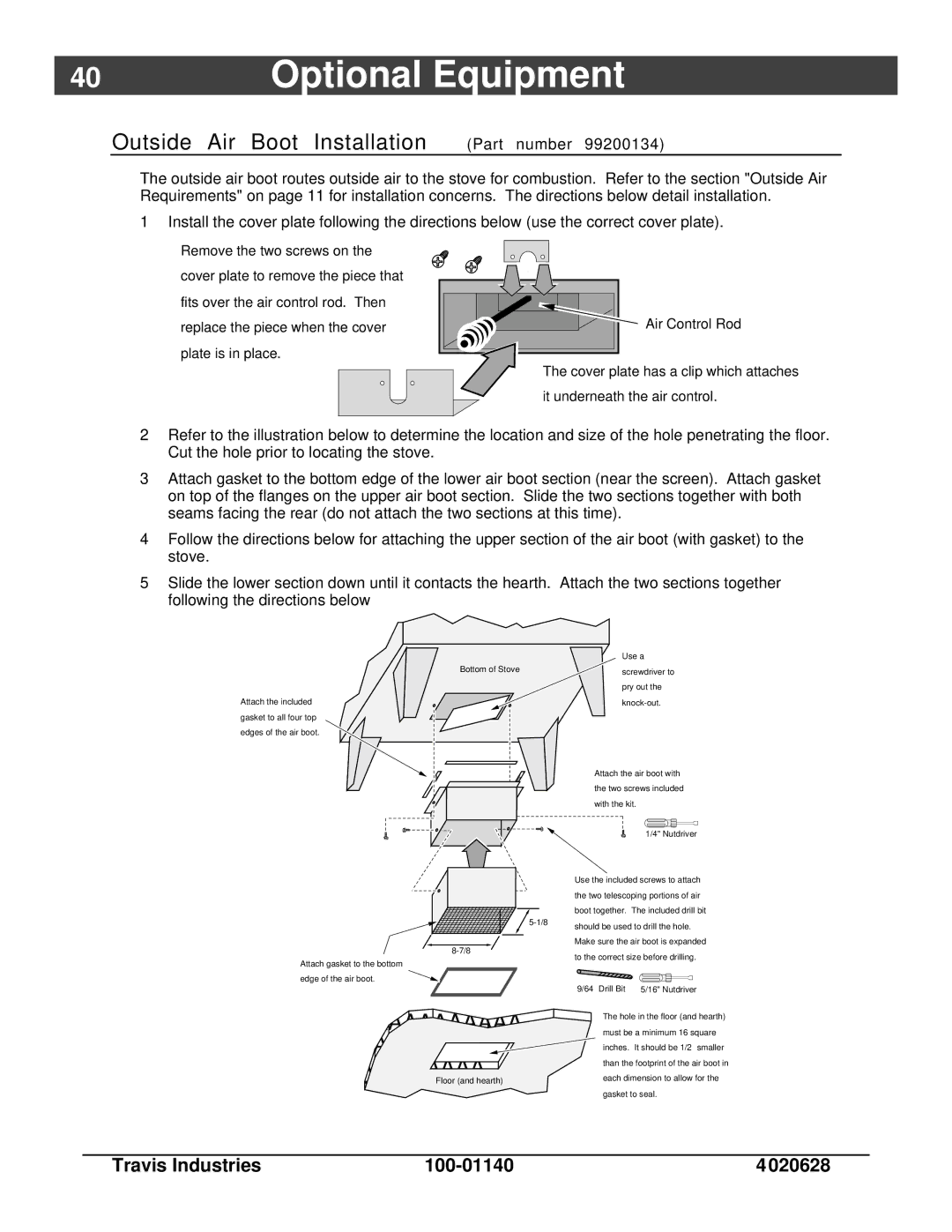 Avalon Stoves Rainier owner manual Outside Air Boot Installation Part number 