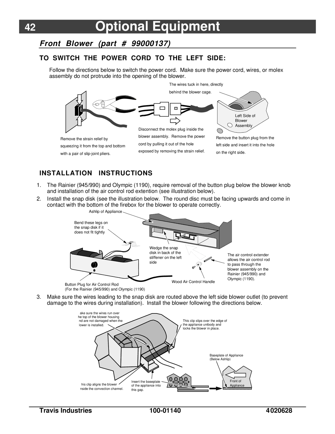 Avalon Stoves Rainier owner manual Front Blower, To Switch the Power Cord to the Left Side 