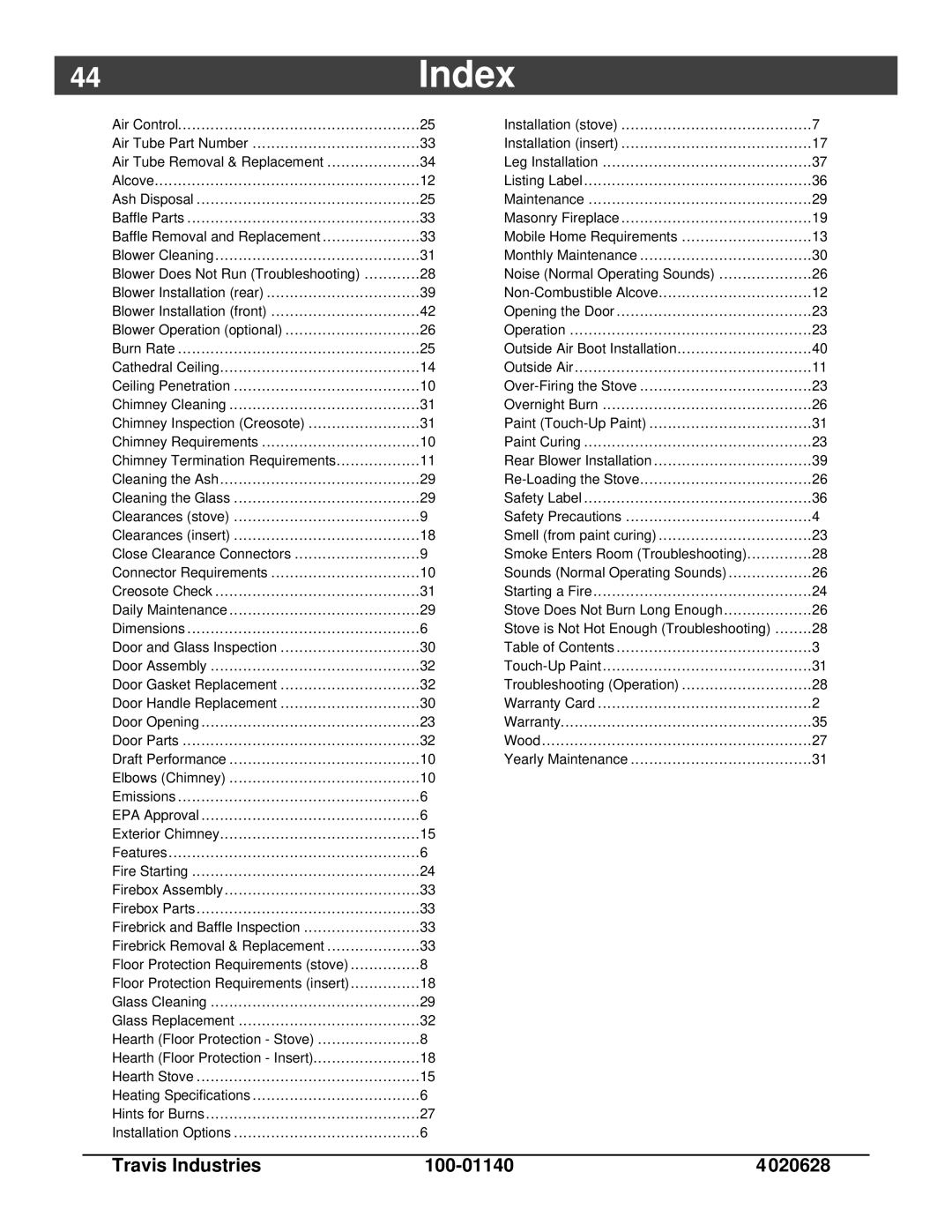 Avalon Stoves Rainier owner manual 44Index 