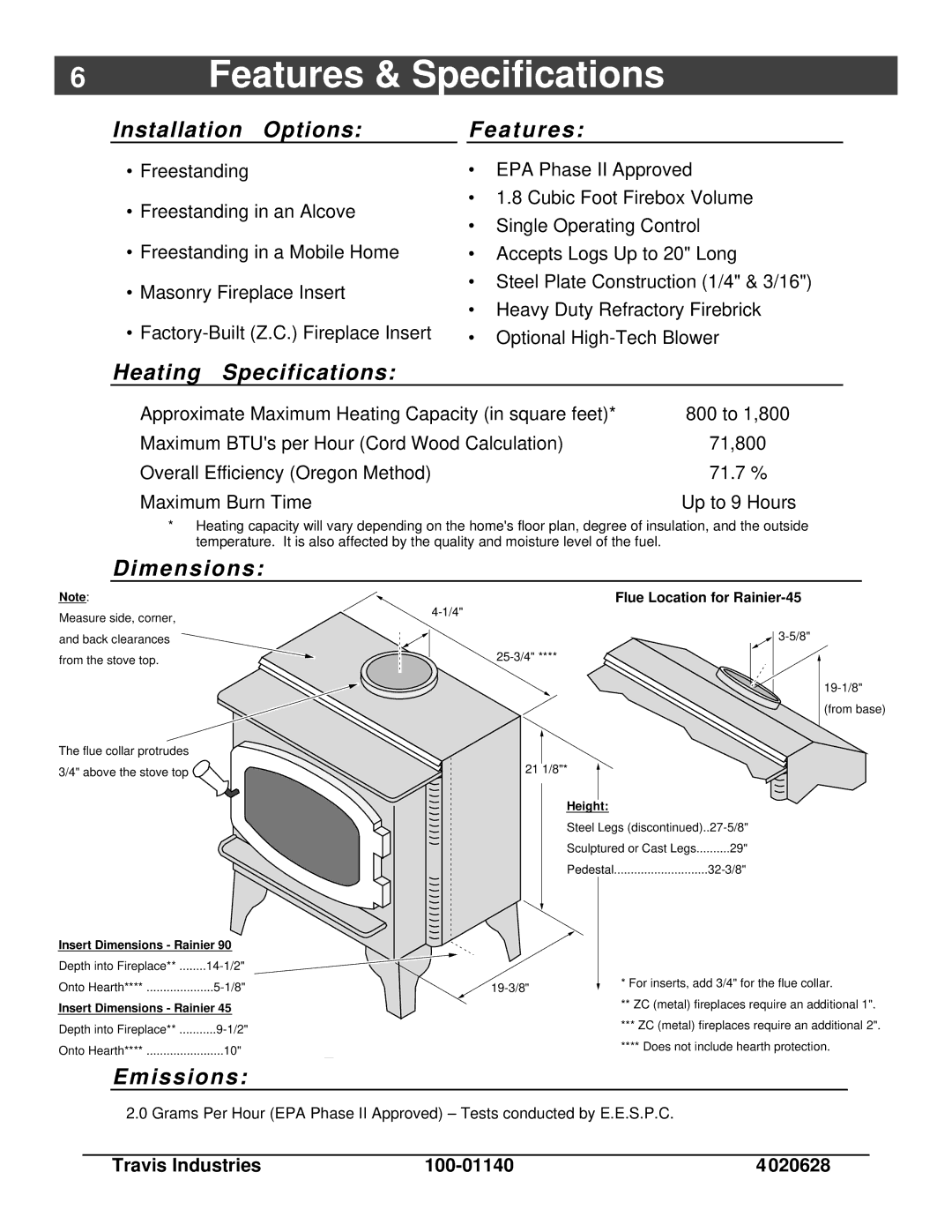 Avalon Stoves Rainier owner manual 6Features & Specifications 