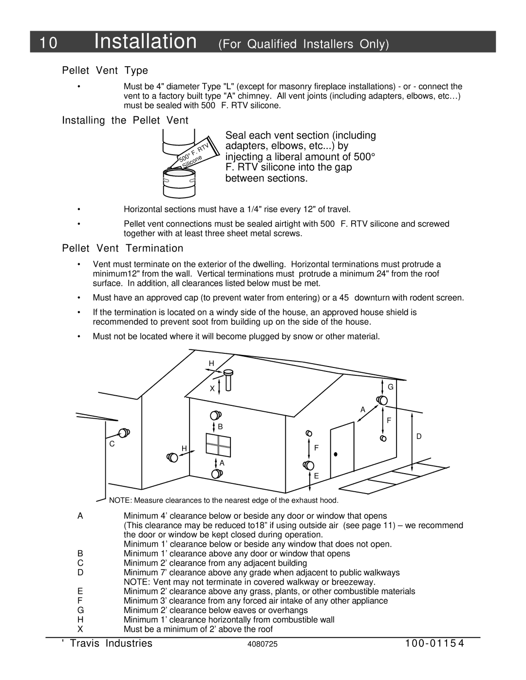 Avalon Stoves Stove manual Pellet Vent Type, Installing the Pellet Vent, Pellet Vent Termination 