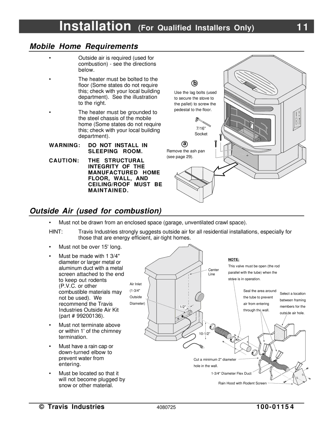 Avalon Stoves Stove manual Mobile Home Requirements, Outside Air used for combustion 