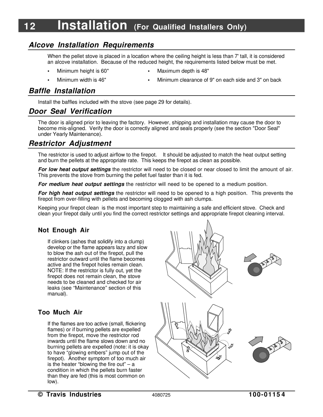 Avalon Stoves Stove Alcove Installation Requirements, Baffle Installation, Door Seal Verification, Restrictor Adjustment 