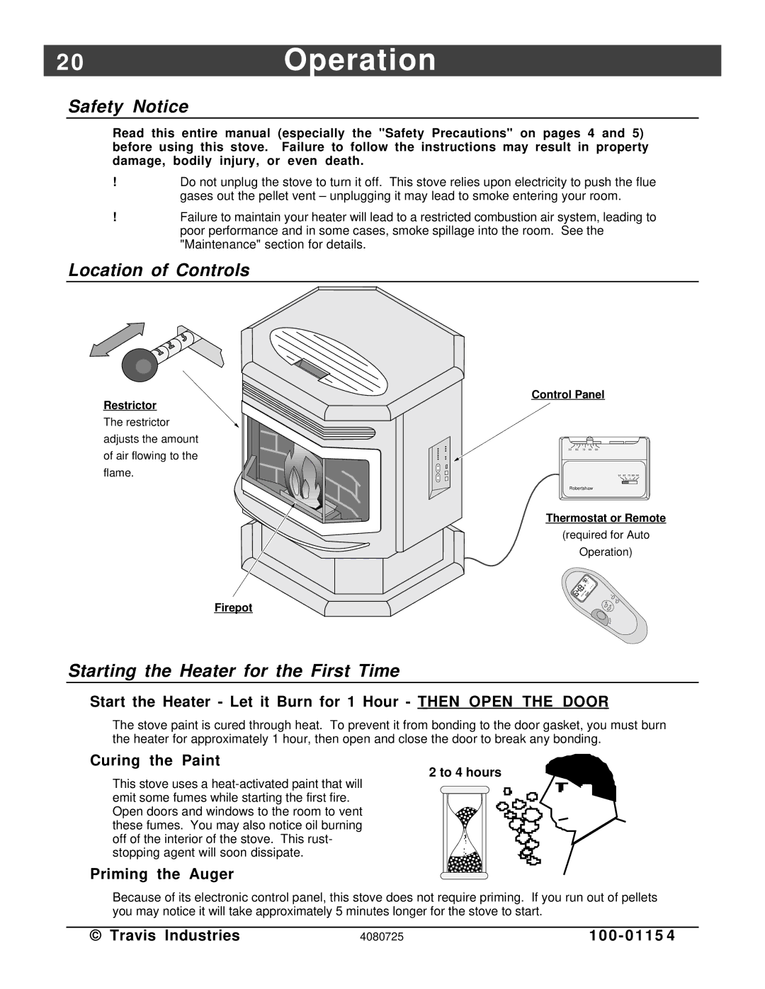 Avalon Stoves Stove manual 0Operation, Safety Notice, Location of Controls, Starting the Heater for the First Time 