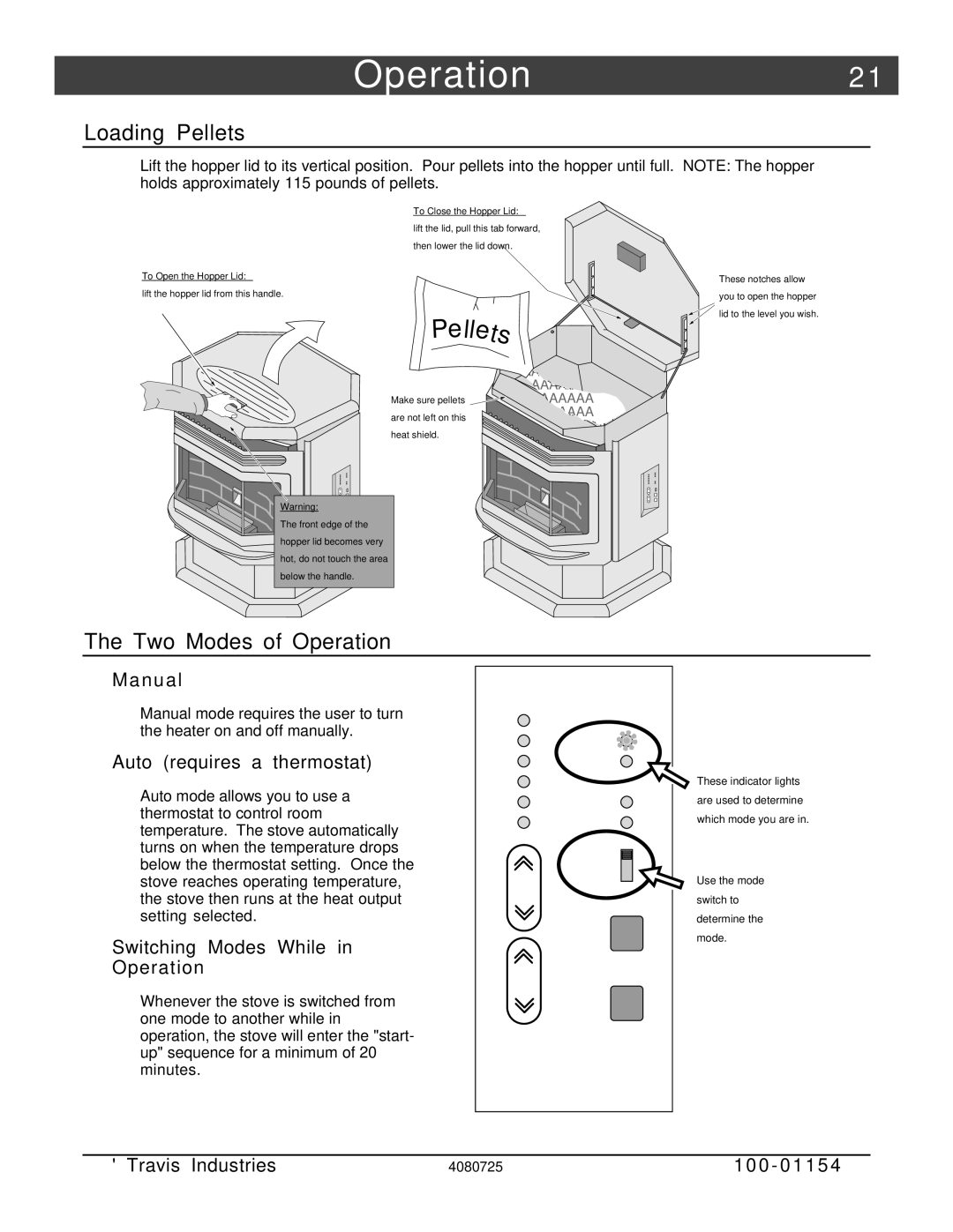 Avalon Stoves Stove manual Operation2, Loading Pellets, Two Modes of Operation 