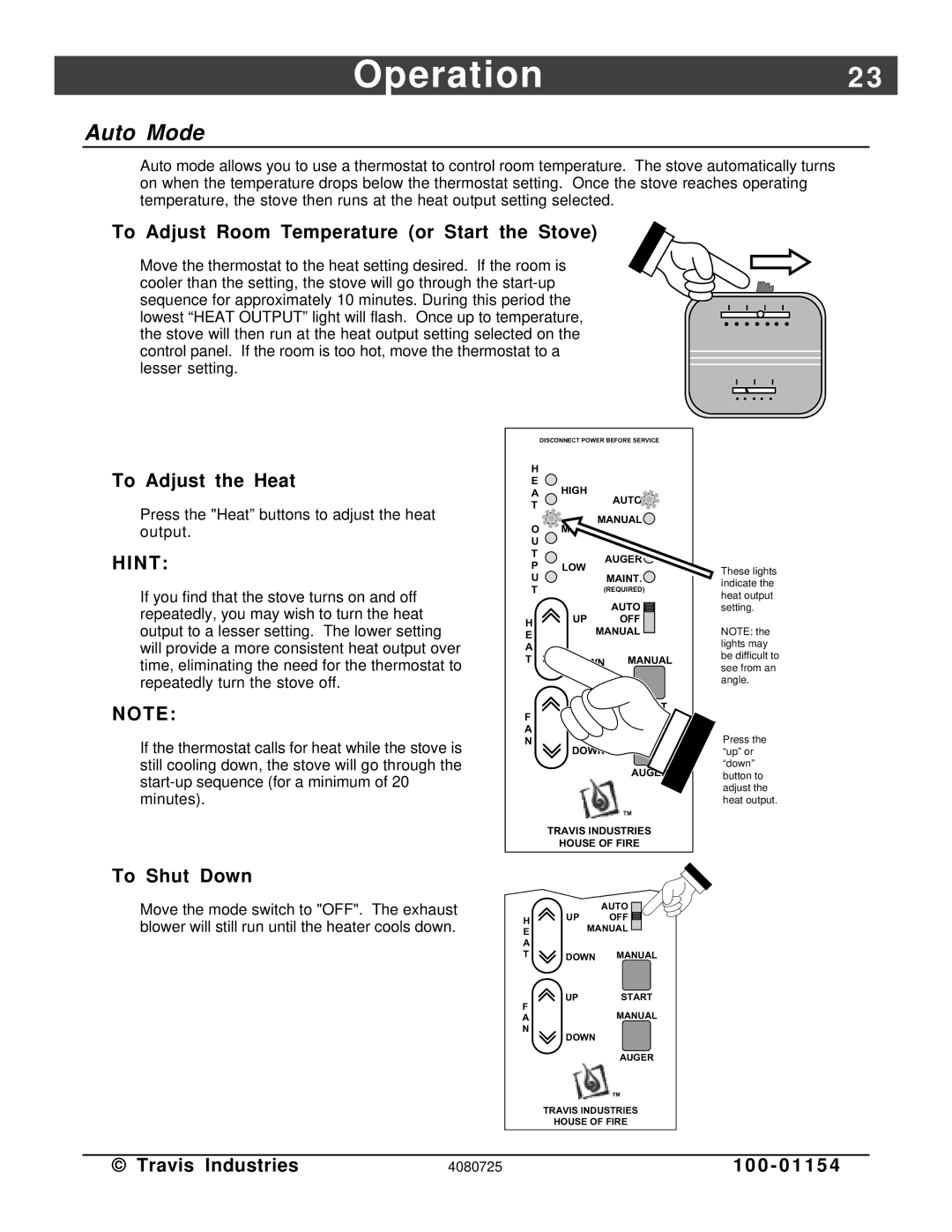 Avalon Stoves manual Auto Mode, To Adjust Room Temperature or Start the Stove 