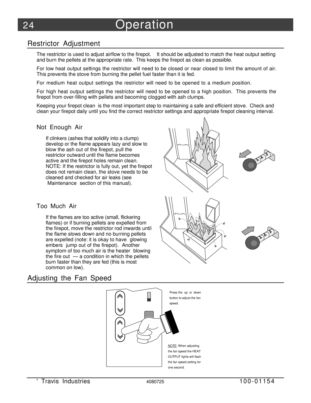 Avalon Stoves Stove manual 4Operation, Adjusting the Fan Speed 