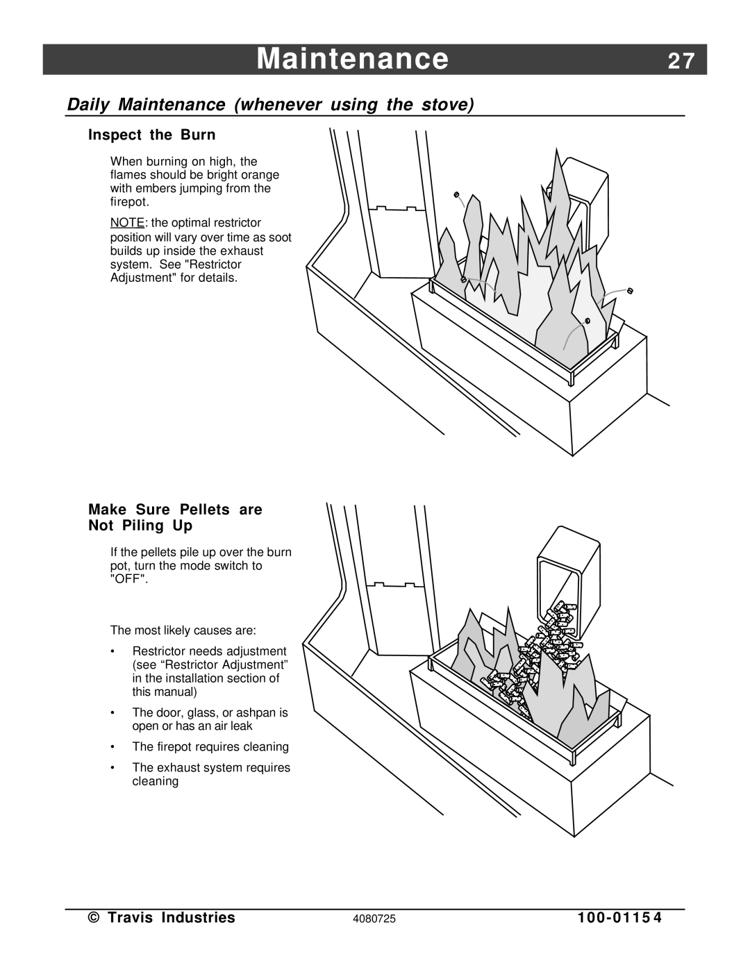 Avalon Stoves Stove manual Maintenance2, Daily Maintenance whenever using the stove, Inspect the Burn 