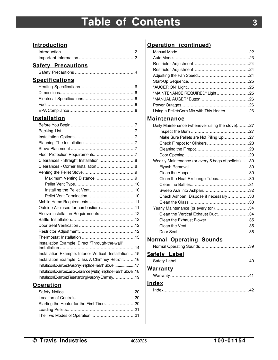 Avalon Stoves Stove manual Table of Contents 