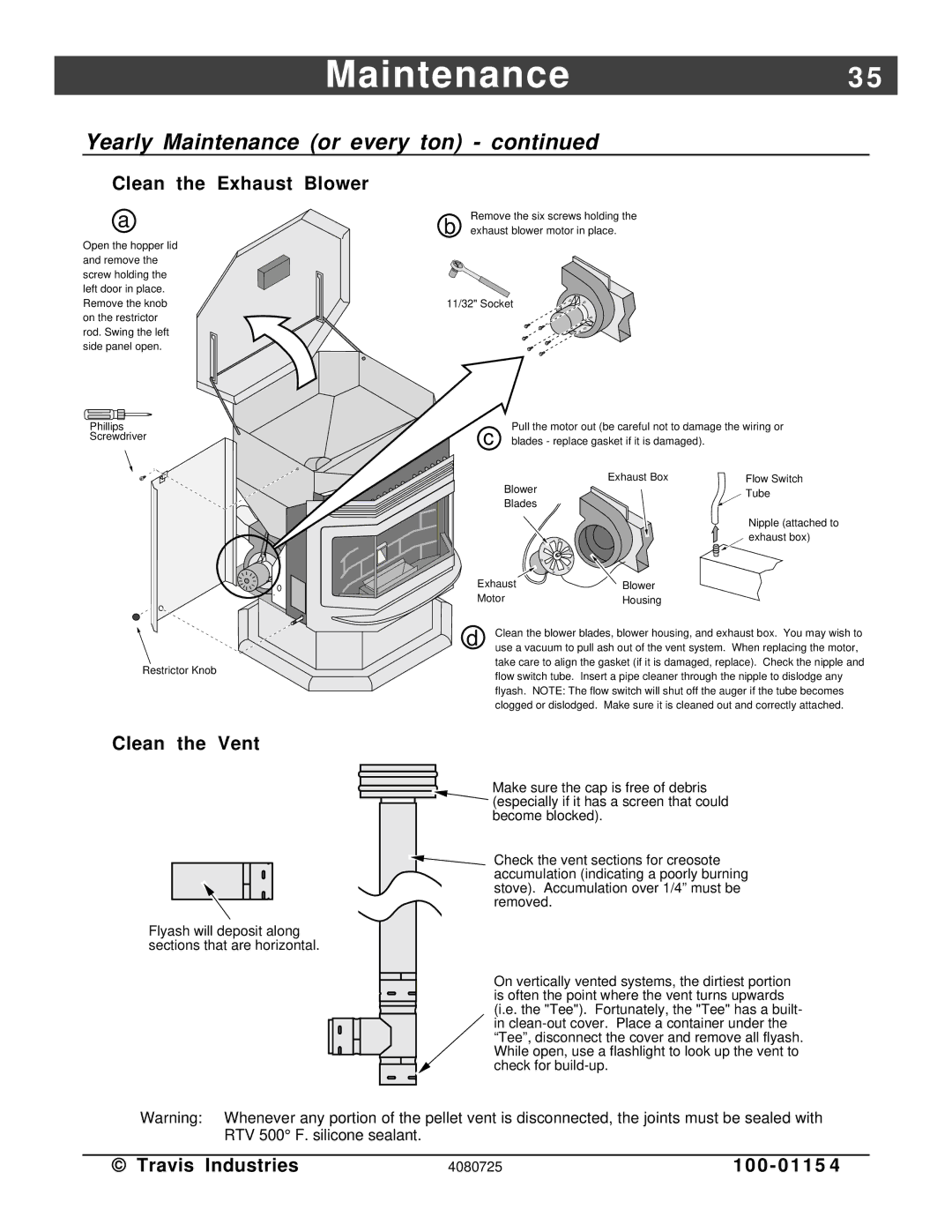 Avalon Stoves Stove manual Clean the Exhaust Blower, Clean the Vent 