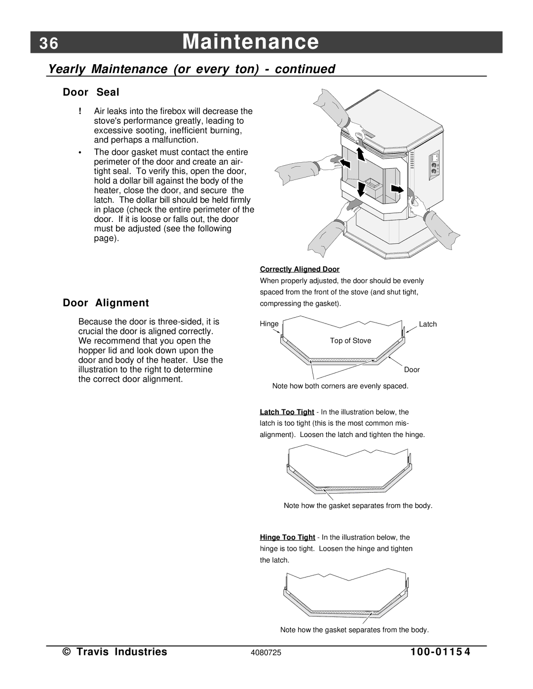 Avalon Stoves Stove manual 6Maintenance, Door Seal, Door Alignment 