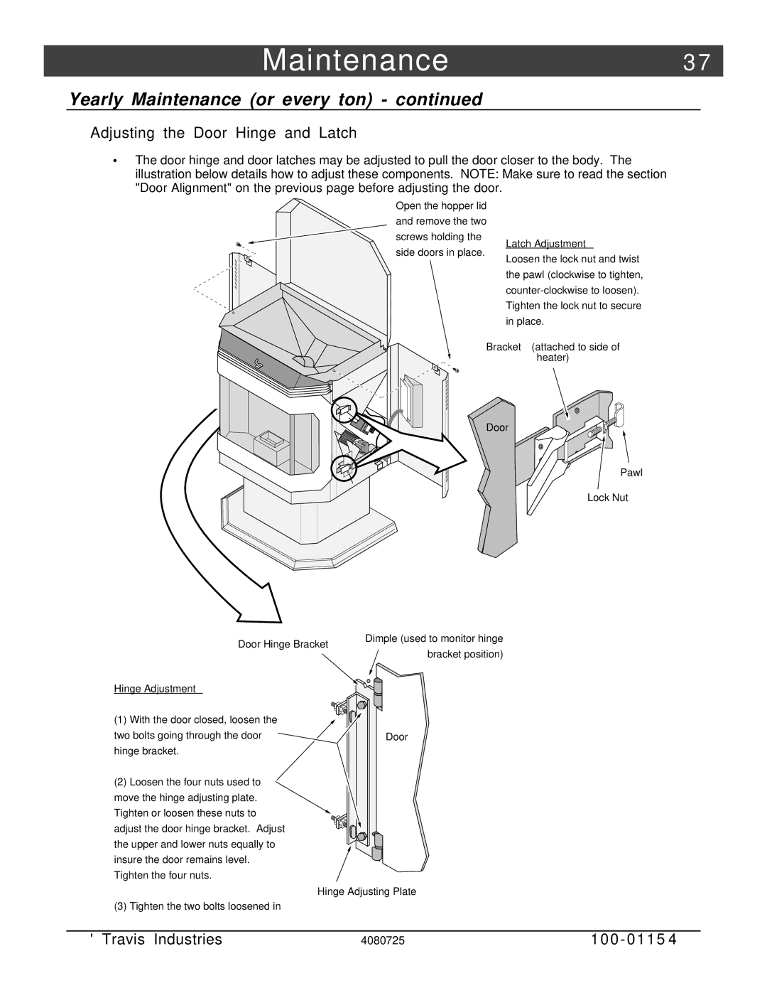 Avalon Stoves Stove manual Adjusting the Door Hinge and Latch, Latch Adjustment 