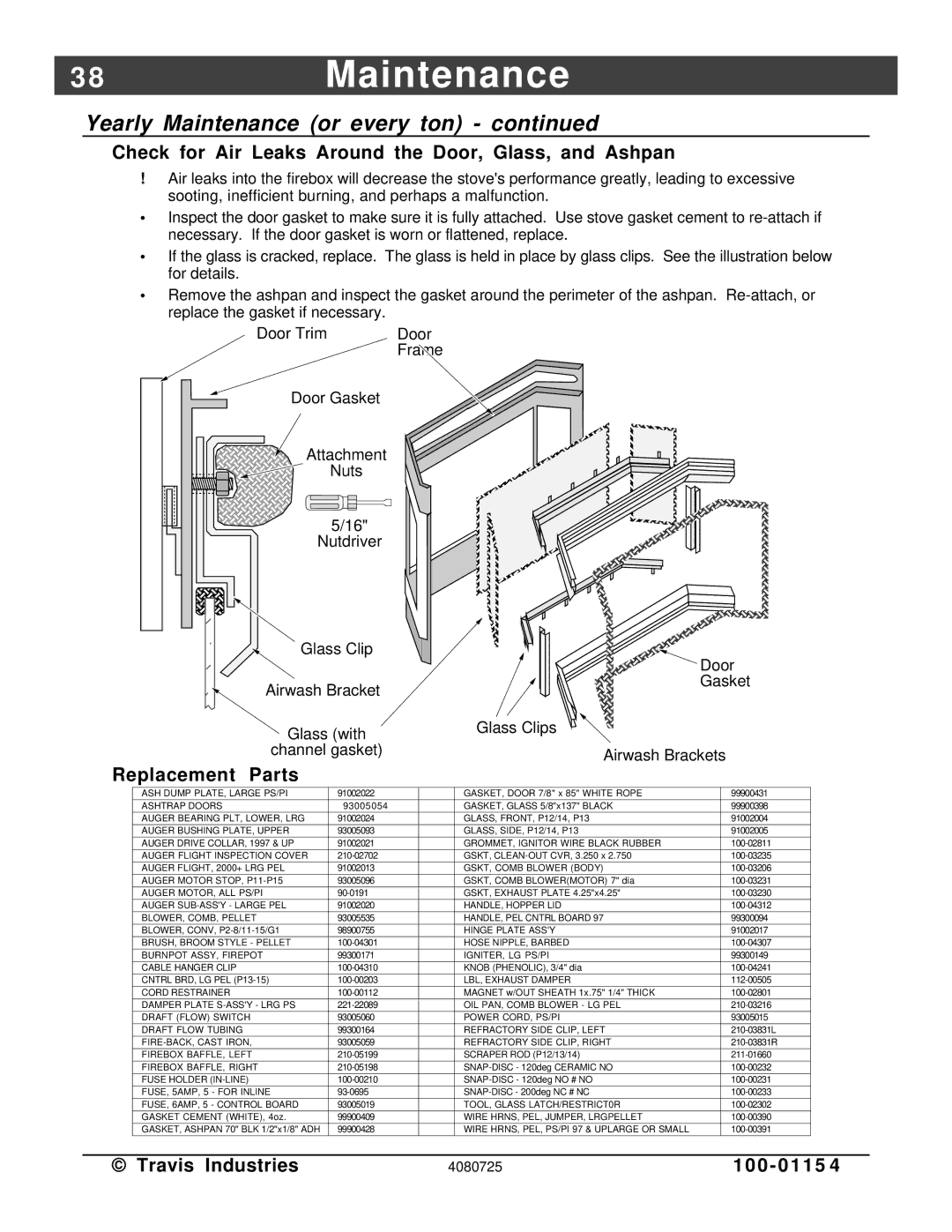 Avalon Stoves Stove manual Check for Air Leaks Around the Door, Glass, and Ashpan, Replacement Parts 