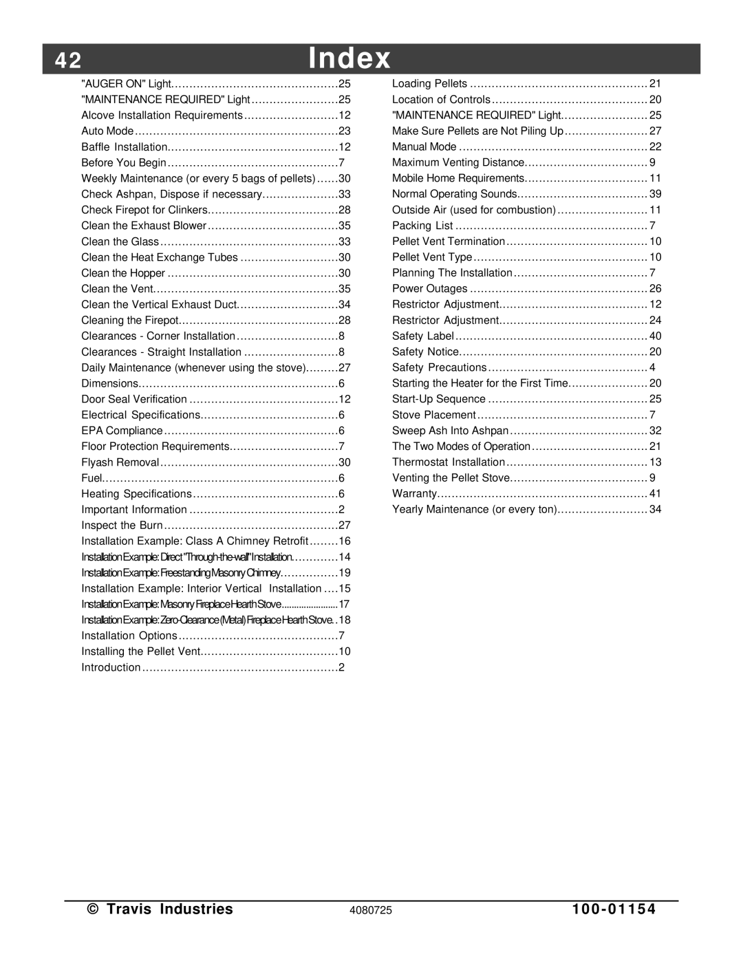 Avalon Stoves Stove manual 2Index, 0 0 1 1 5 