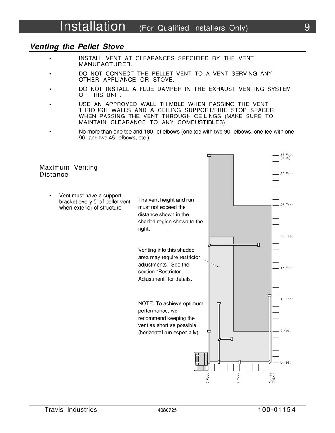 Avalon Stoves manual Venting the Pellet Stove, Maximum Venting Distance 