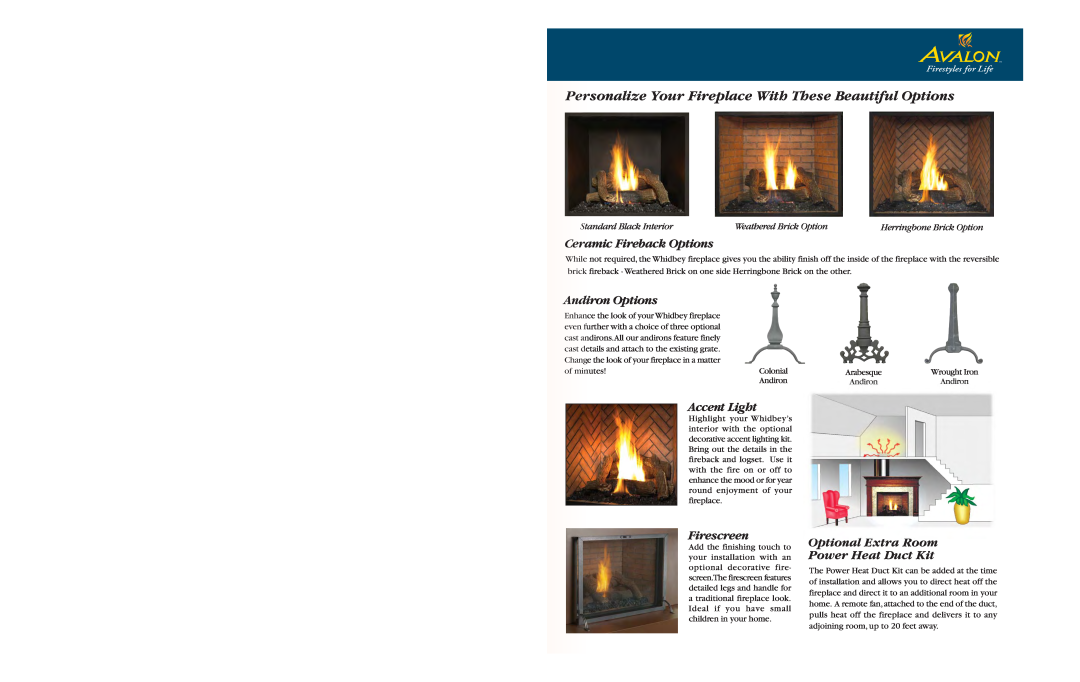 Avalon Stoves Whidbey dimensions Ceramic Fireback Options, Andiron Options, Accent Light, Firescreen, Place Holder 