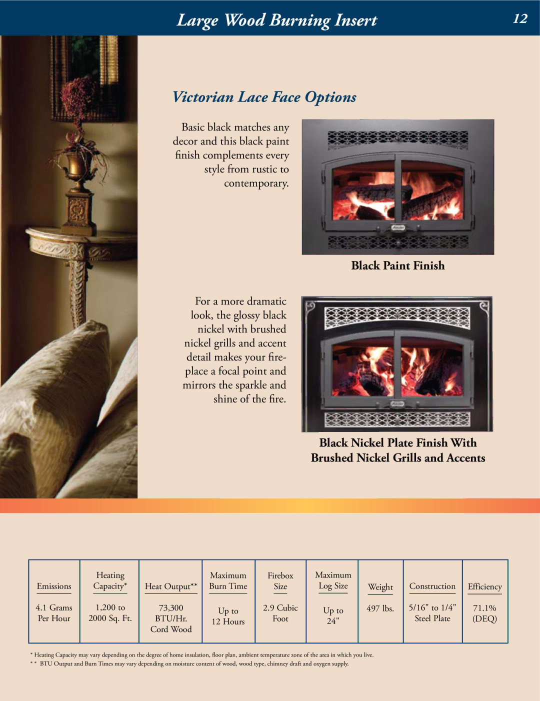 Avalon Stoves Wood Burning Stove & Insert manual Large Wood Burning Insert, Victorian Lace Face Options 