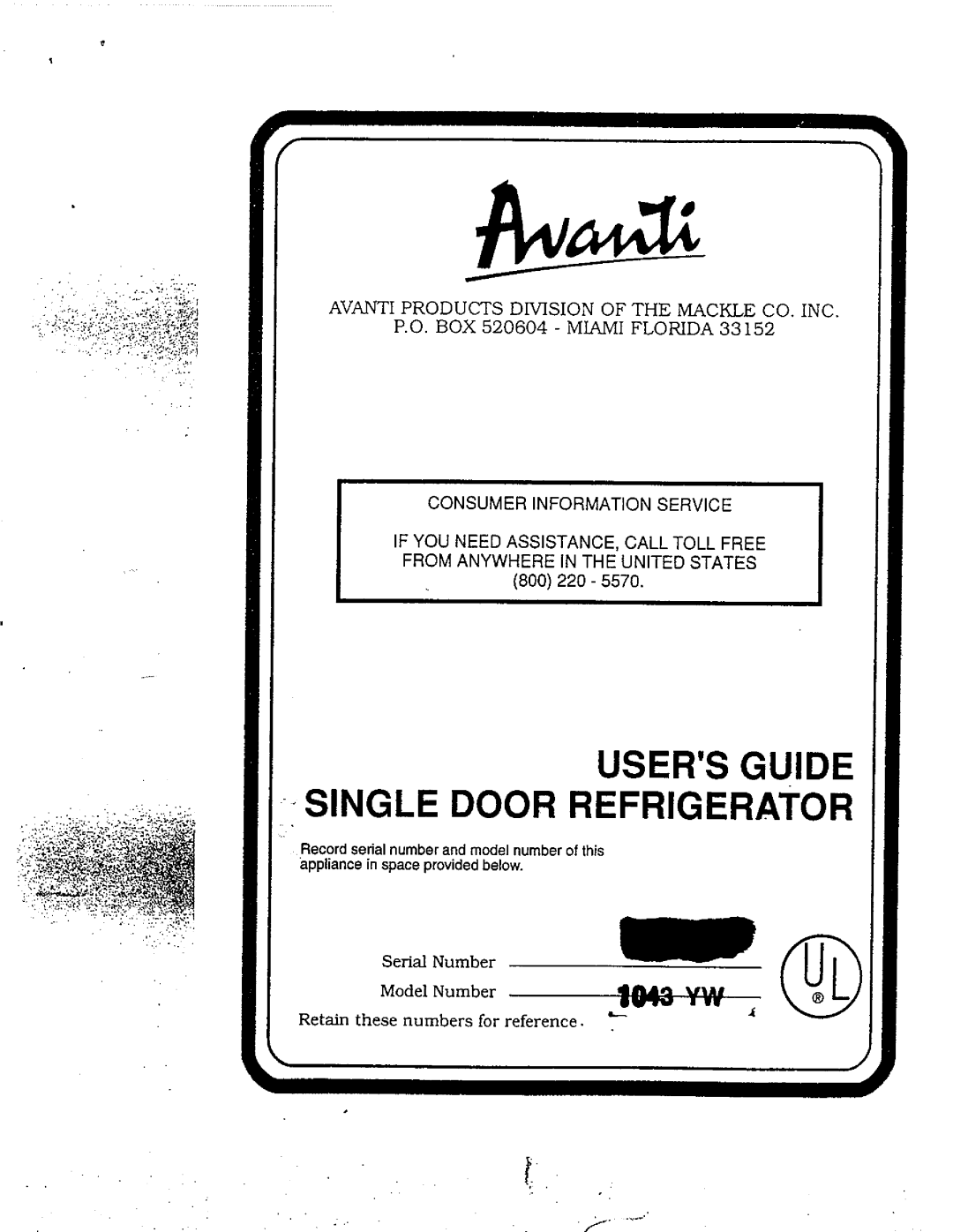 Avanti 1043 YW manual 