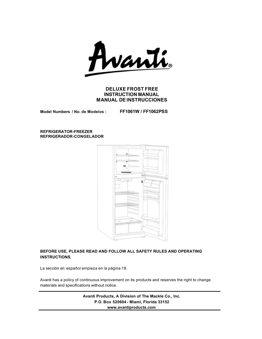 Avanti FF1061W, 1062PSS instruction manual Deluxe Frost Free Manual DE Instrucciones, Model Numbers / No. de Modelos 