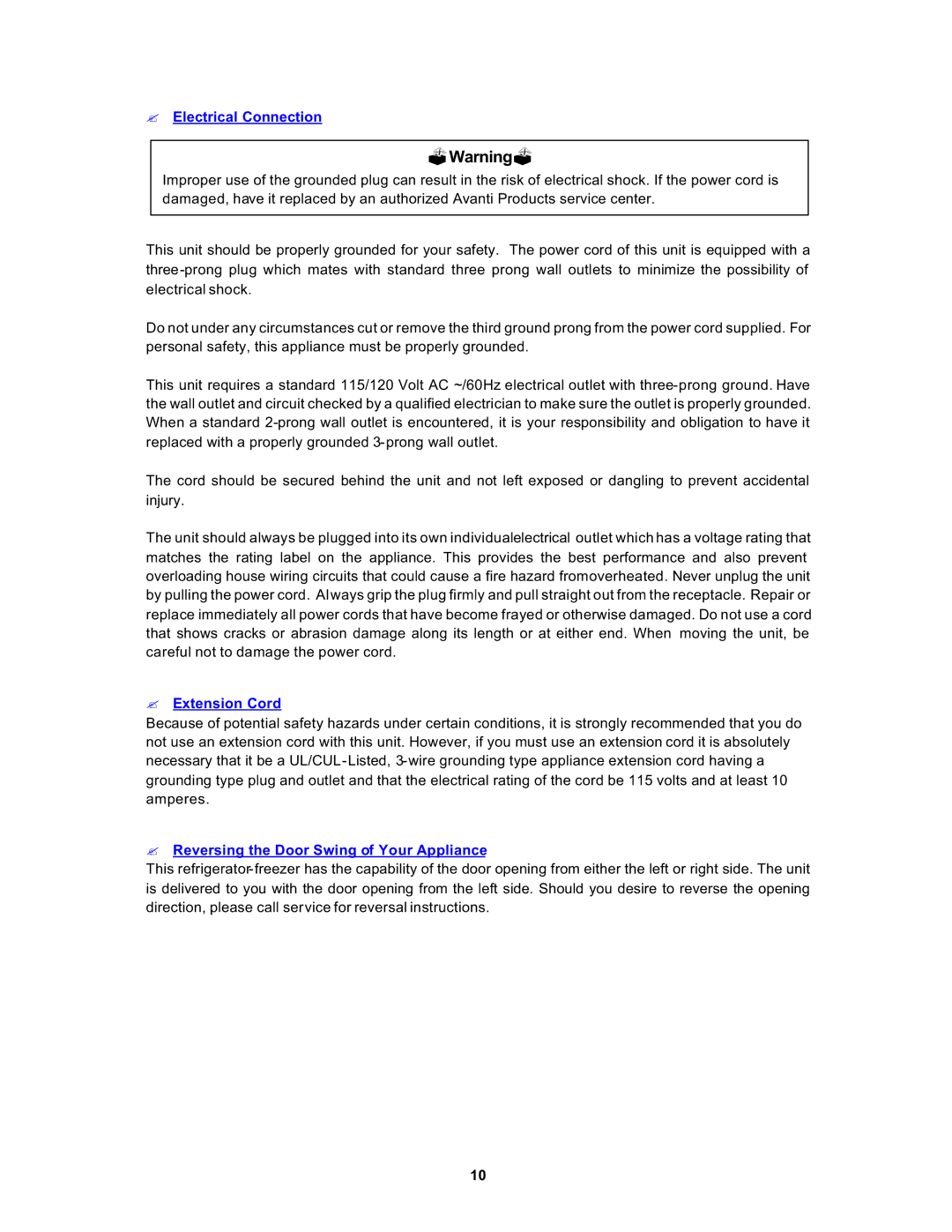 Avanti 1062PSS, FF1061W instruction manual Electrical Connection, Extension Cord, Reversing the Door Swing of Your Appliance 