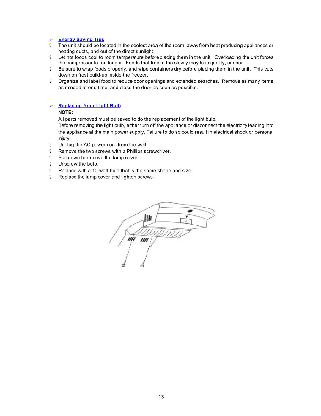 Avanti FF1061W, 1062PSS instruction manual Energy Saving Tips, Replacing Your Light Bulb Note 