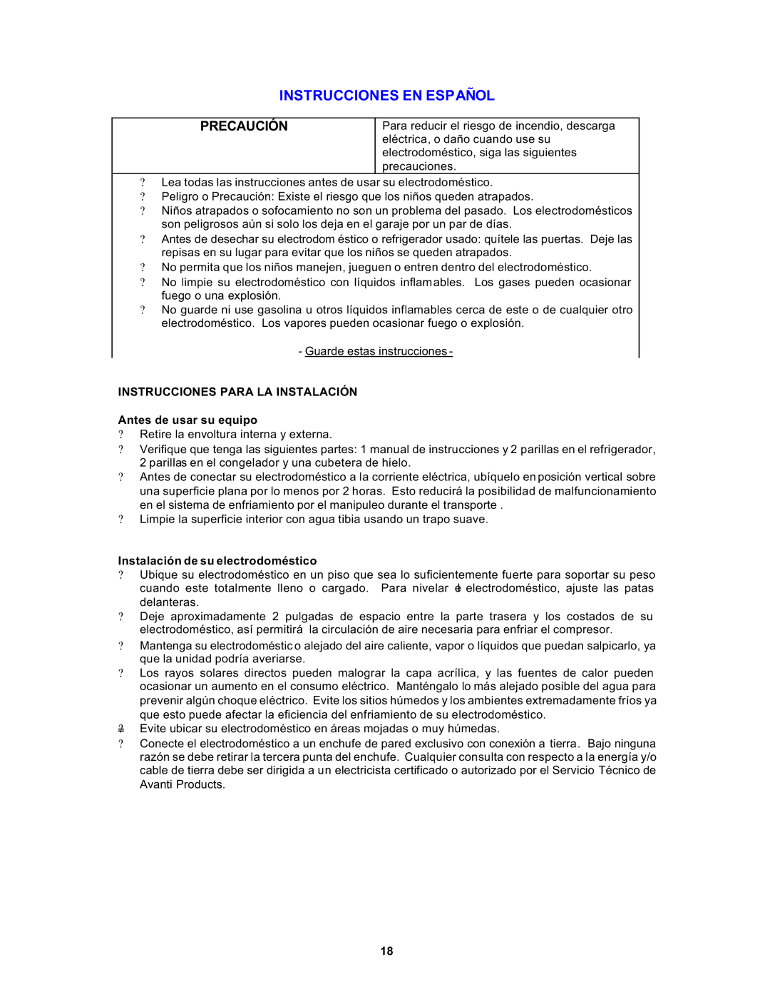 Avanti 1062PSS, FF1061W Instrucciones EN Español, Instrucciones Para LA Instalación, Antes de usar su equipo 