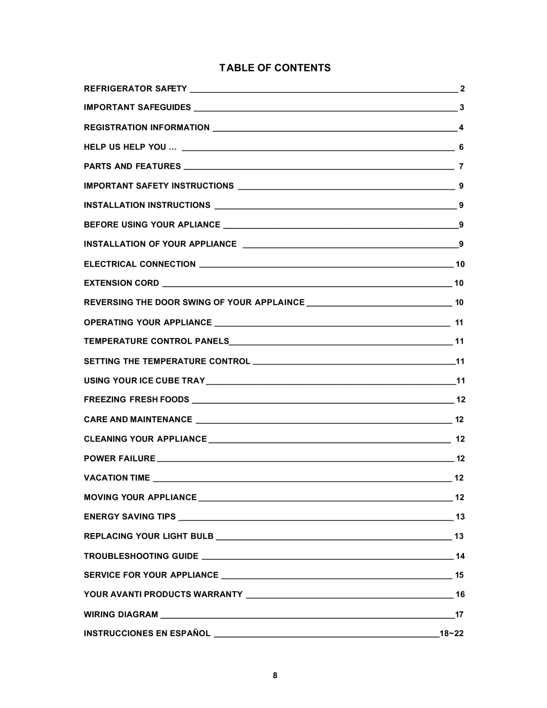 Avanti 1062PSS, FF1061W instruction manual Table of Contents 