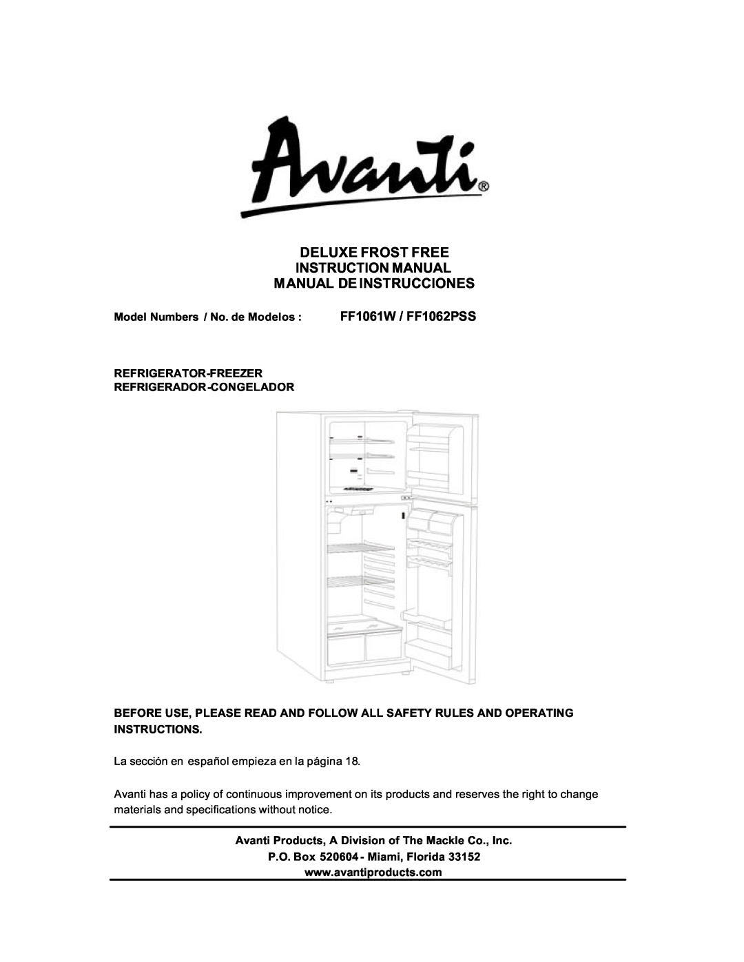 Avanti instruction manual Manual De Instrucciones, FF1061W / FF1062PSS, Model Numbers / No. de Modelos, Instructions 