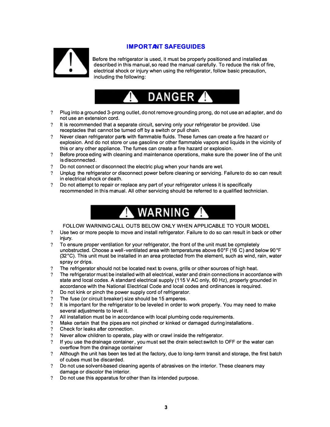 Avanti FF1061W, 1062PSS instruction manual Important Safeguides 