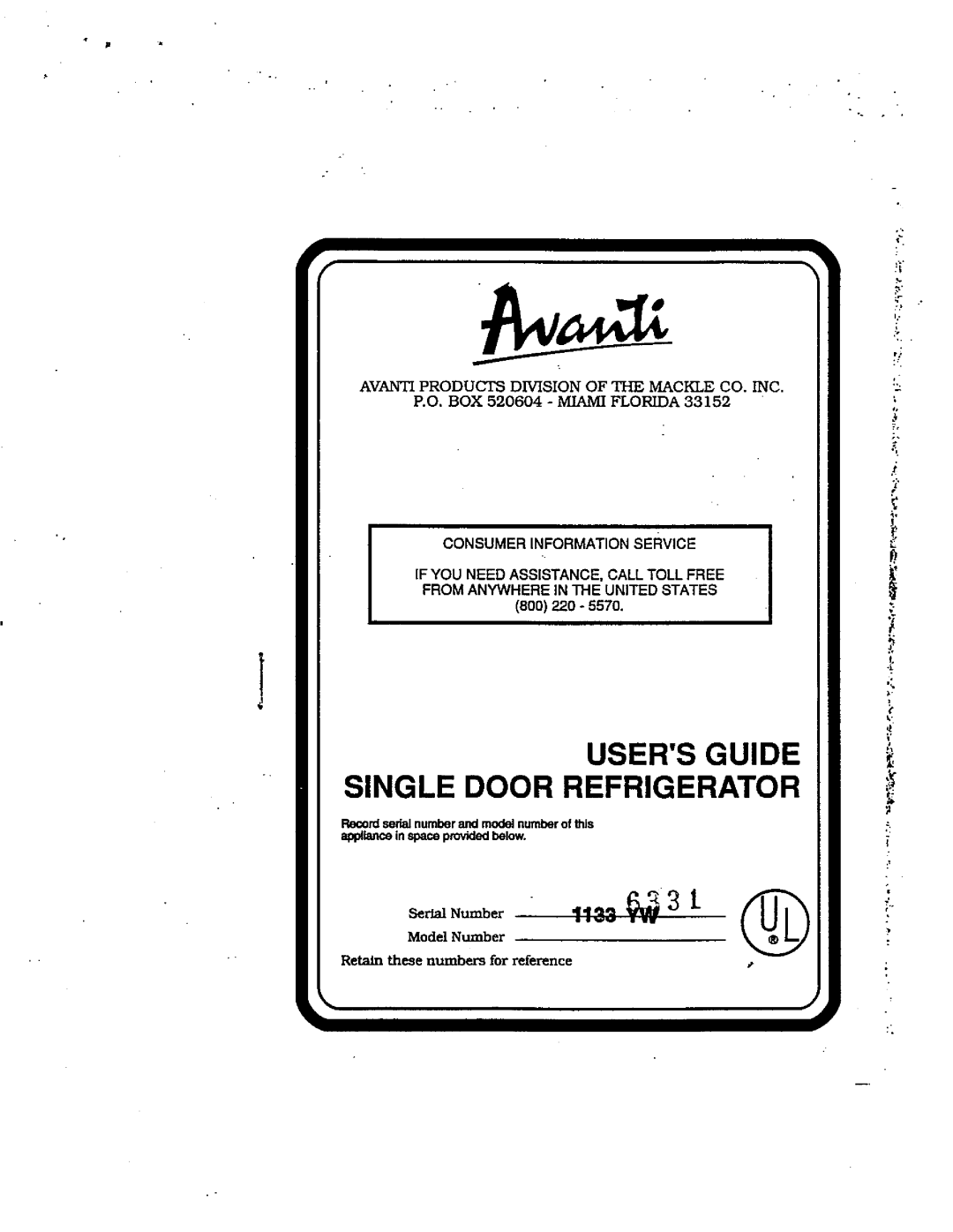 Avanti 1133YW manual 