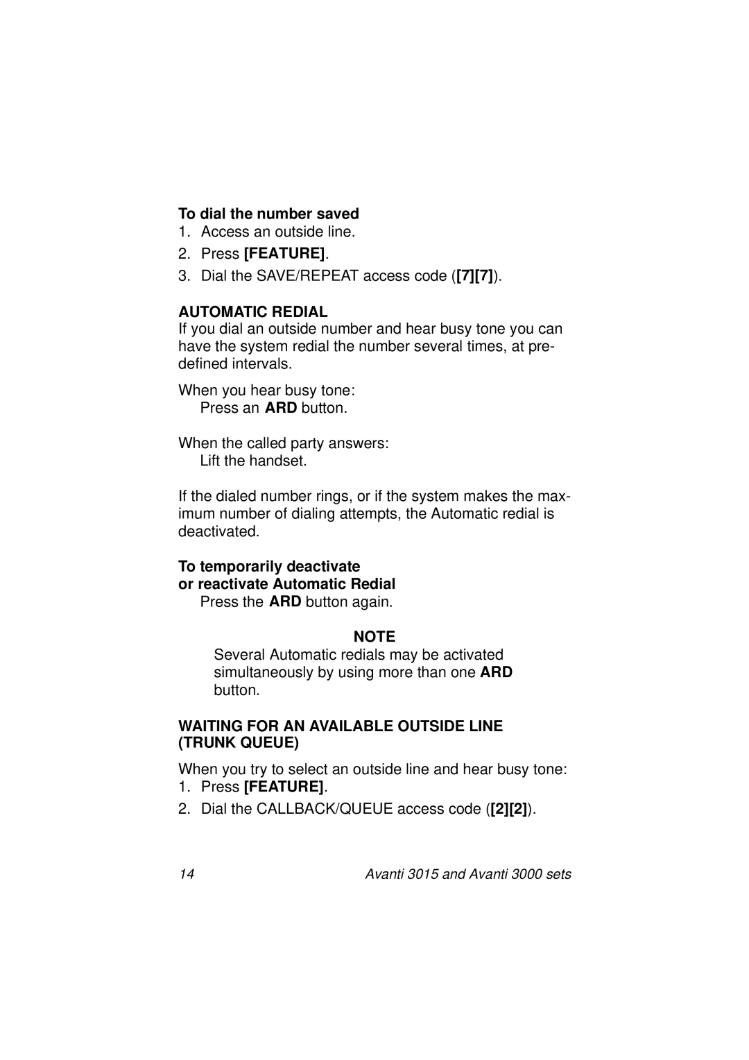 Avanti 3000 SET, 3015 manual To dial the number saved, To temporarily deactivate Or reactivate Automatic Redial 