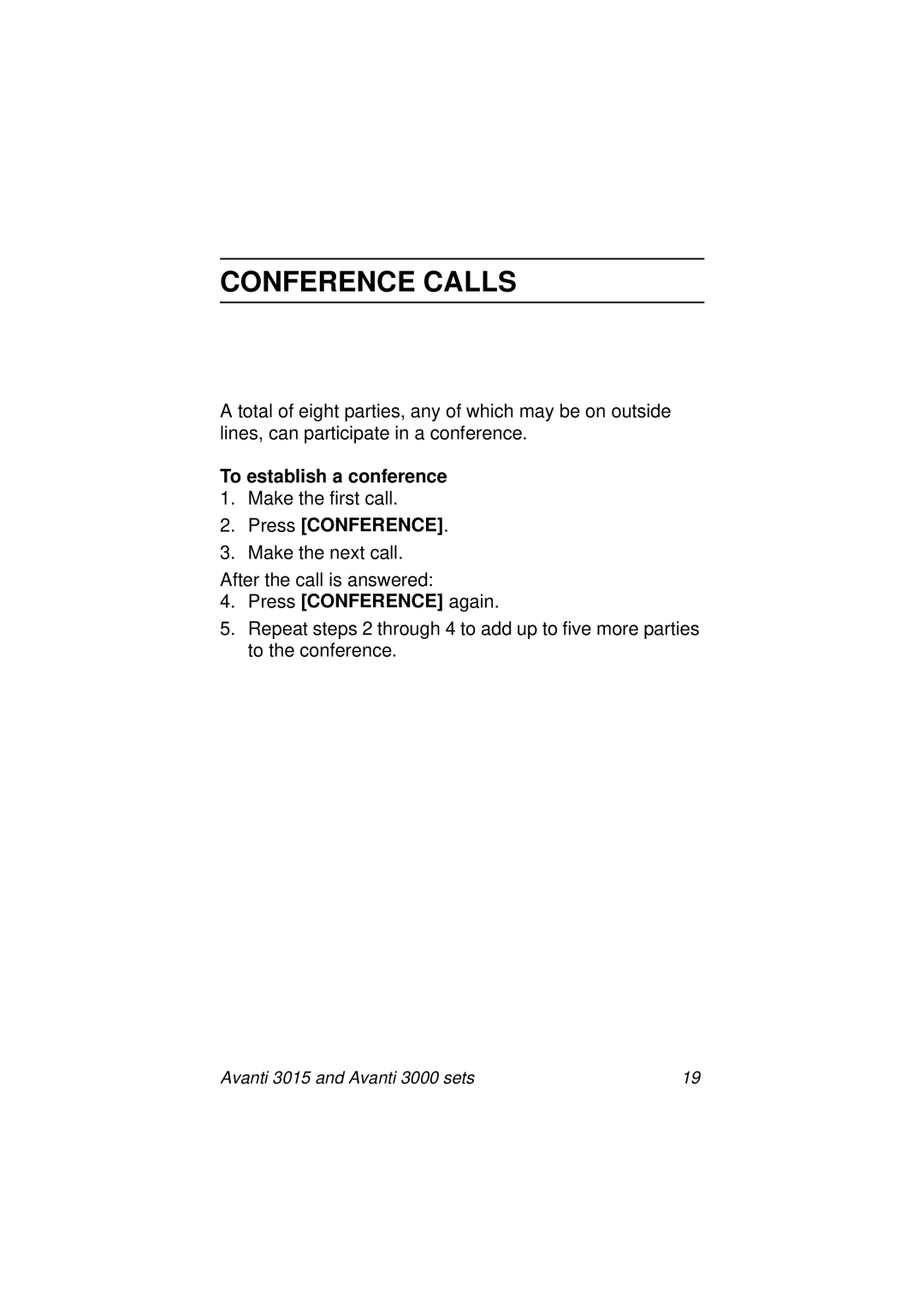 Avanti 3015, 3000 SET manual Conference Calls, To establish a conference, Press Conference again 