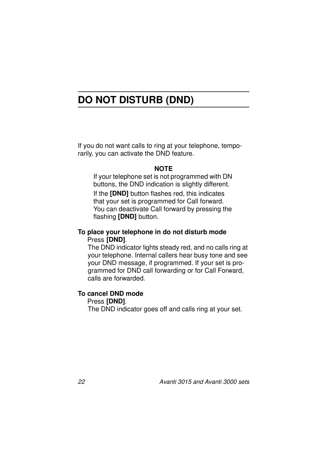 Avanti 3000 SET, 3015 manual Do not Disturb DND, To place your telephone in do not disturb mode, To cancel DND mode 