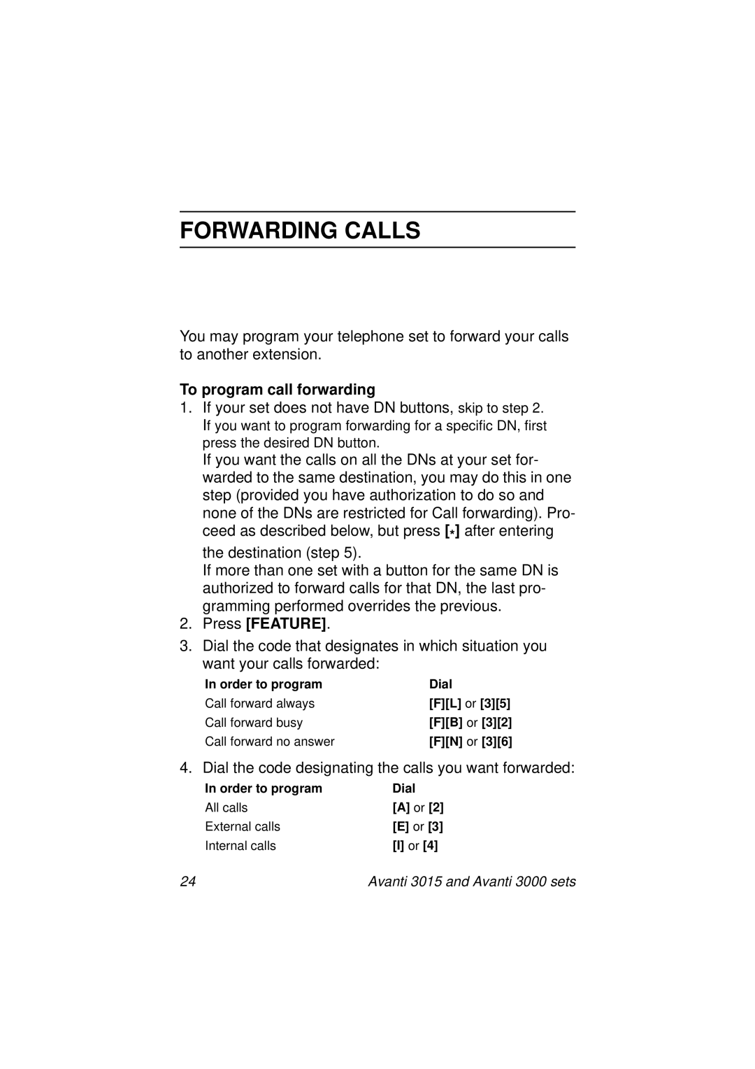 Avanti 3000 SET, 3015 manual Forwarding Calls, To program call forwarding 