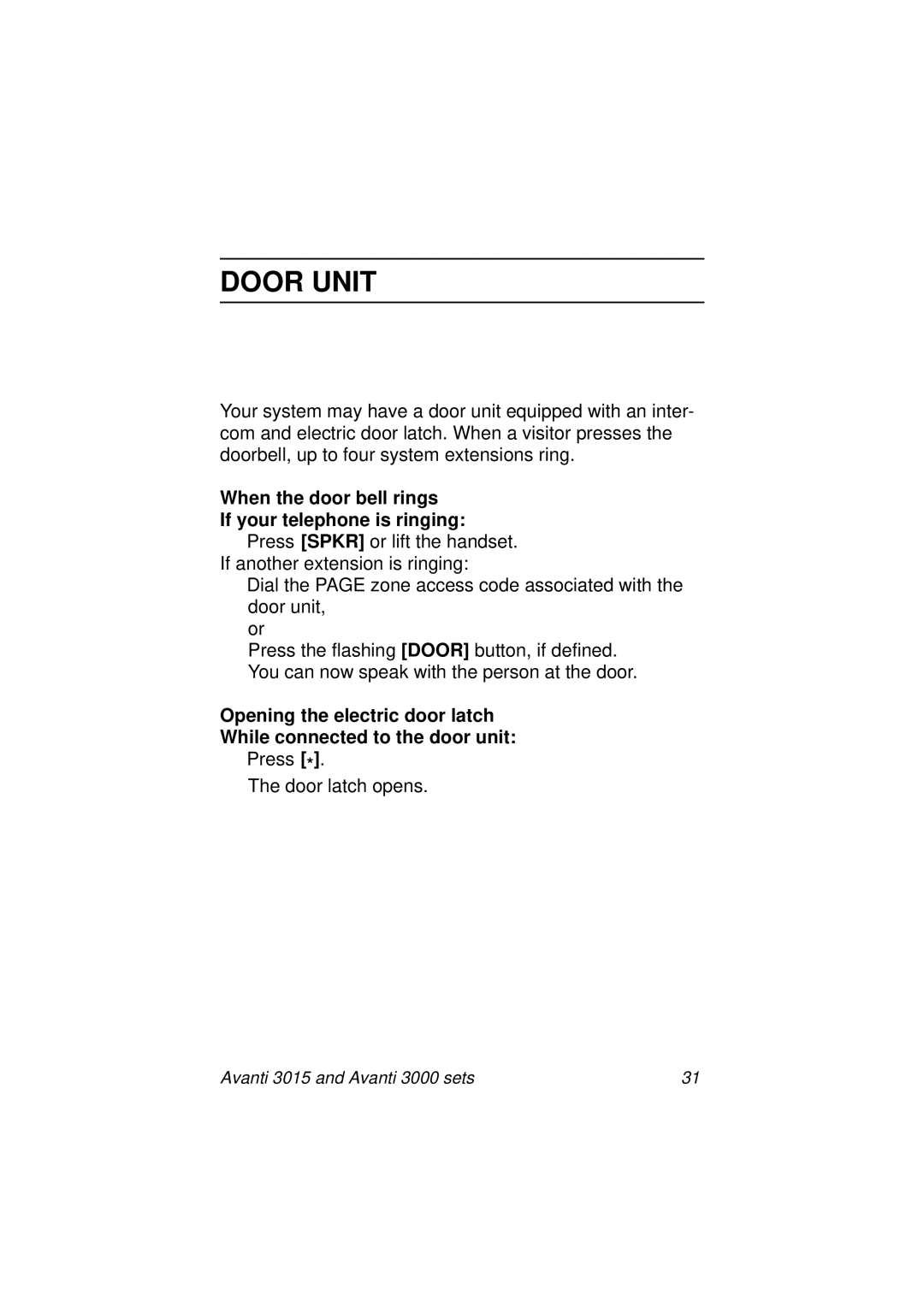 Avanti 3015, 3000 SET manual Door Unit, When the door bell rings If your telephone is ringing 