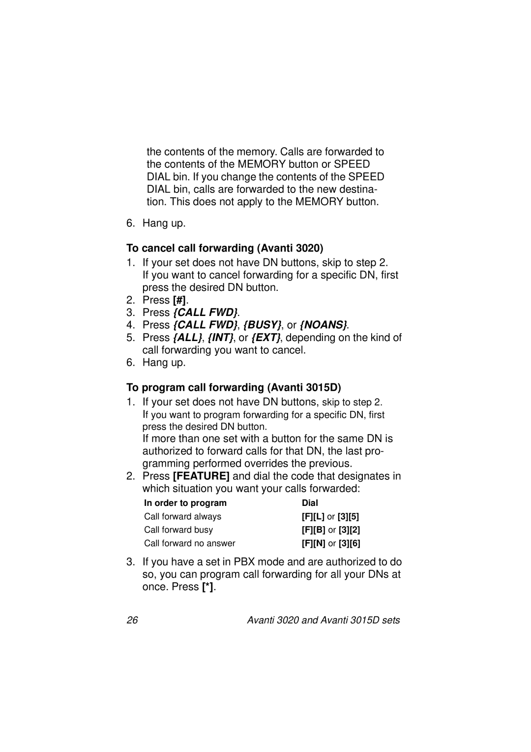 Avanti manual To cancel call forwarding Avanti, To program call forwarding Avanti 3015D 